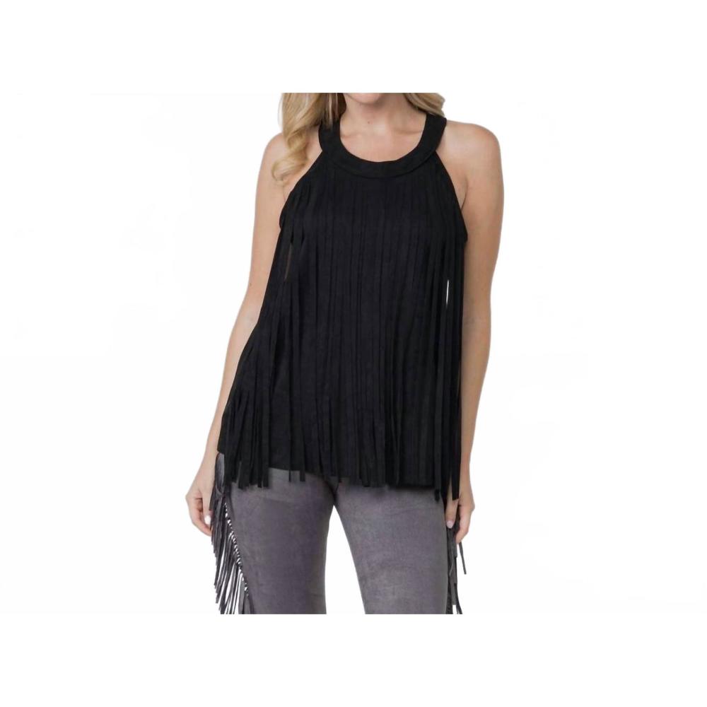 NEW VOCAL APPAREL ellie suede fringed top in black